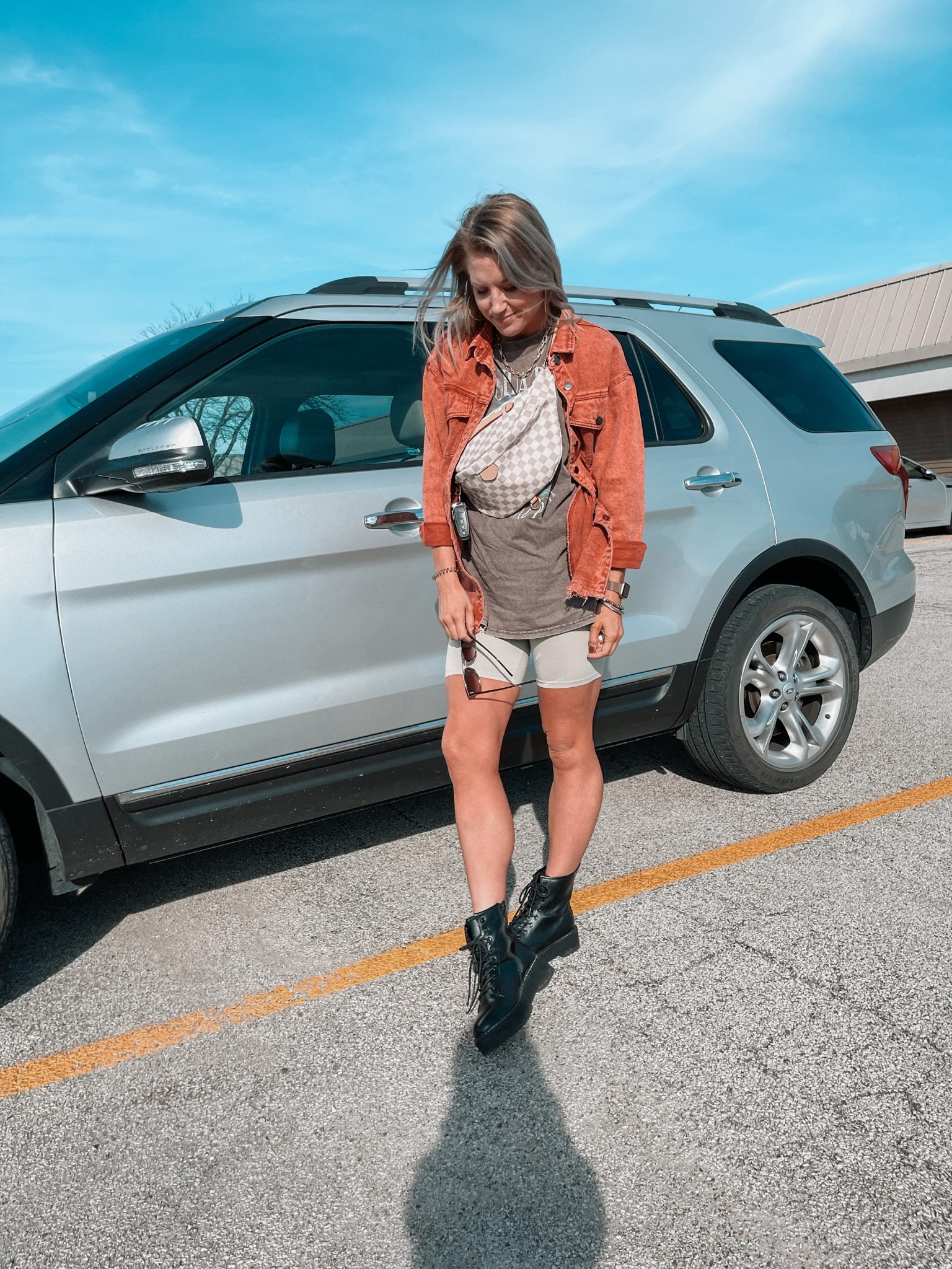 Womens Warm Fall day outfit | transitional Fall outfit | Amazon jean jacket | Forever21 tee and bike shorts | Target boots 

#LTKstyletip #LTKSeasonal #LTKunder50