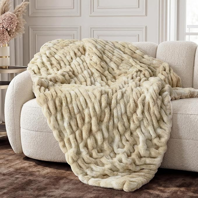 Double-Sided Faux Fur Throw Blanket, 1000 GSM Ultra Soft Faux Rabbit Fur Blanket with Ruched Text... | Amazon (US)