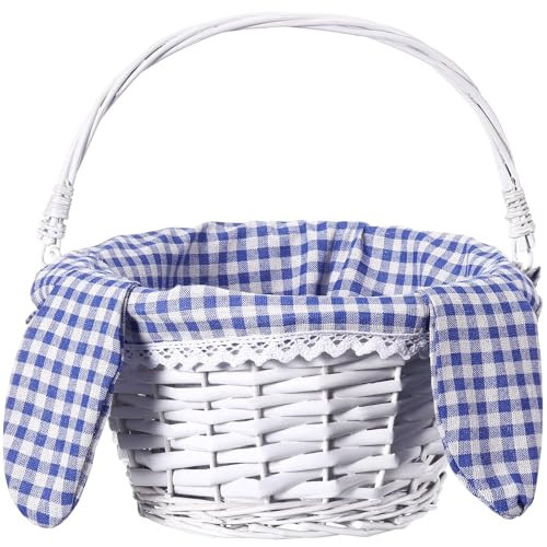 Hushee Willow Easter Bunny Basket 11"×7" Wicker Easter Gift Baskets with Folding Handle Plaid Liners for Kids Toys Eggs Hunt Wood Bunny Bucket Decorations(Blue and White Plaid) | Amazon (US)