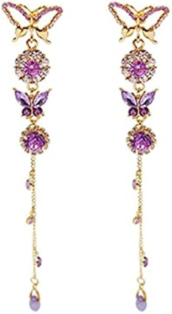 fxmimior Long Tassels Butterfly Earrings Dainty Silver Drop Earrings Statement Charm Earring Purp... | Amazon (US)
