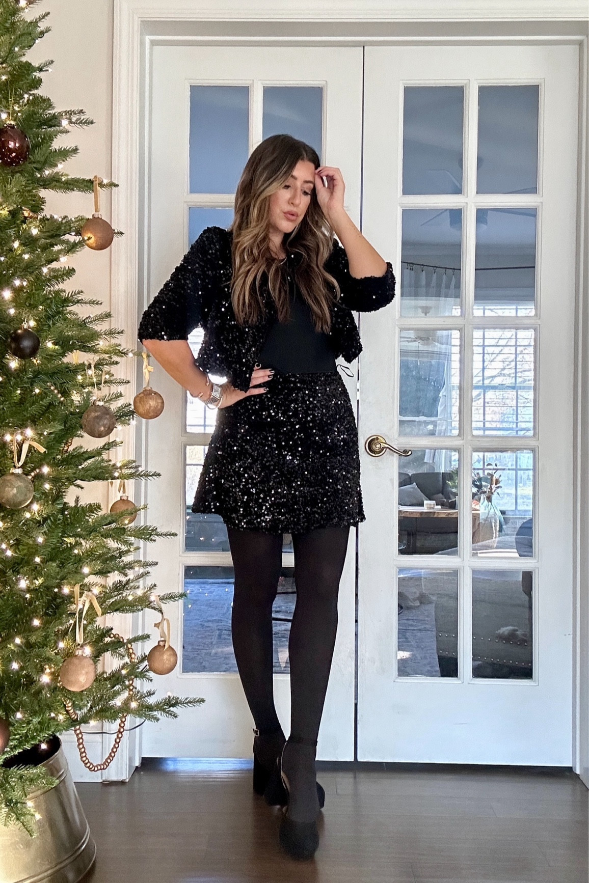 Sparkly sequin skirt outfit for the holiday. Another all black holiday look! 🖤🪩Paired this super chic sparkly sequin skirt with my fav bodysuit and sequin blazer! Great pinterest outfit inspo for New Year’s Eve! Wearing TTS rap photos to shop. 

Use code LAURENDEC30 for 30% OFF sitewide!

Follow @laurenhornstyle for more easy elevated holiday outfits! New Year’s Eve style, winter outfit, holiday party outfits.

#LTKSeasonal #LTKstyletip #LTKHoliday