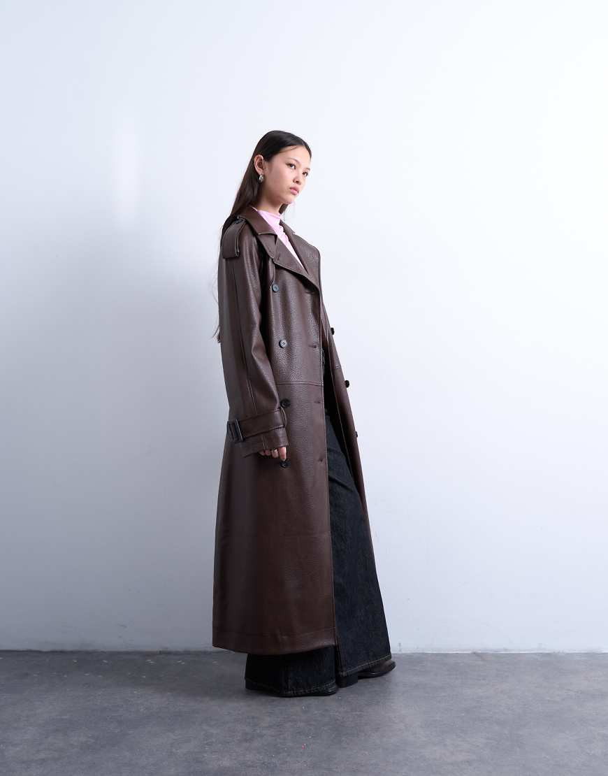 Topshop bubble faux leather trench coat in brown | Topshop