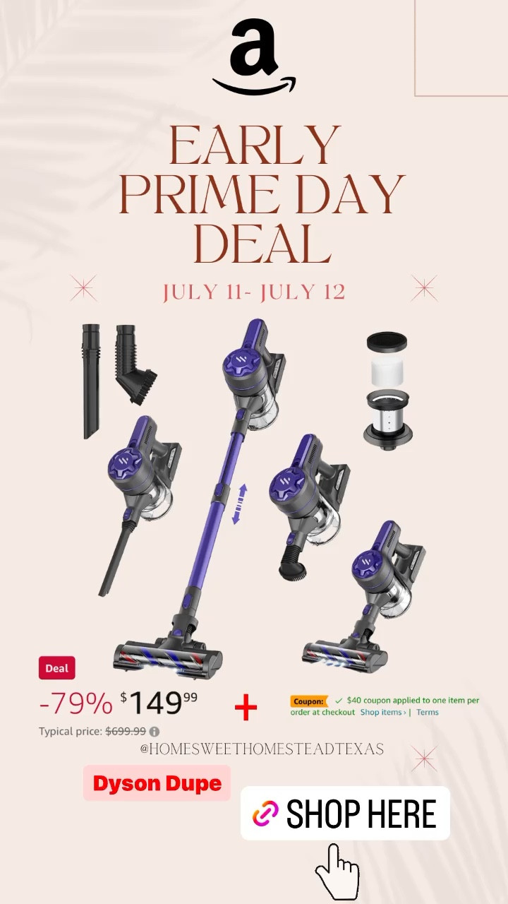 Dyson cordless vacuum dupe is part of the Prime day sale! 79% off PLUS $40 off coupon!! So good 
#amazonprimedeal #amazonhome #cordlessvacuum

#LTKxPrimeDay #LTKhome