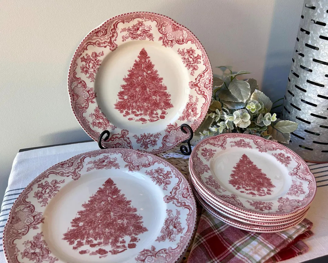 Johnson Brothers Christmas Tree Plates Salad & Dinner Plate Pink Old Britain Castles Red Transfer... | Etsy (US)