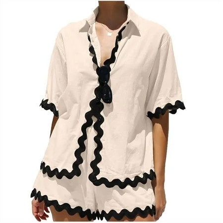 Vacation Sets for Women Vacation Sets for Women Clothing Set Female Turndown collar Short Sleeve Set Trousers Pant Style S_669 Women s Tracksuits Beige XL | Walmart (US)