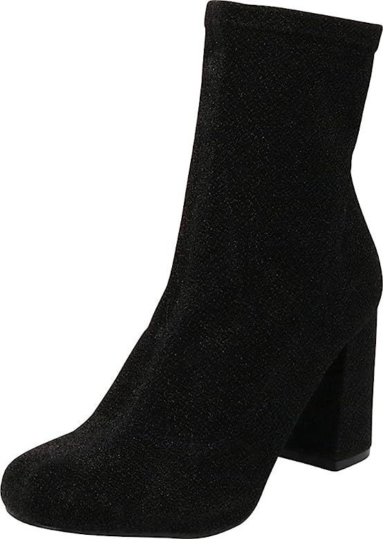 Women's Closed Round Toe Stretch Sock Fabric Chunky Block Heel Ankle Bootie | Amazon (US)