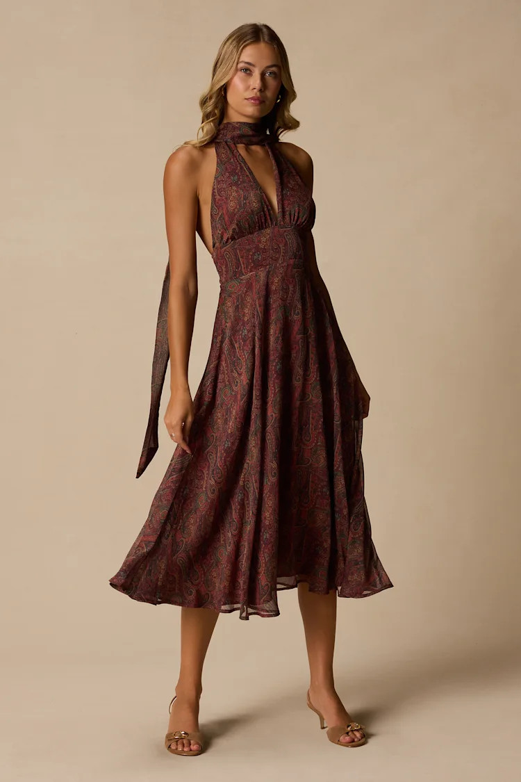 Kylinda Rust Multi Paisley Midi Dress and Scarf Set | Lulus