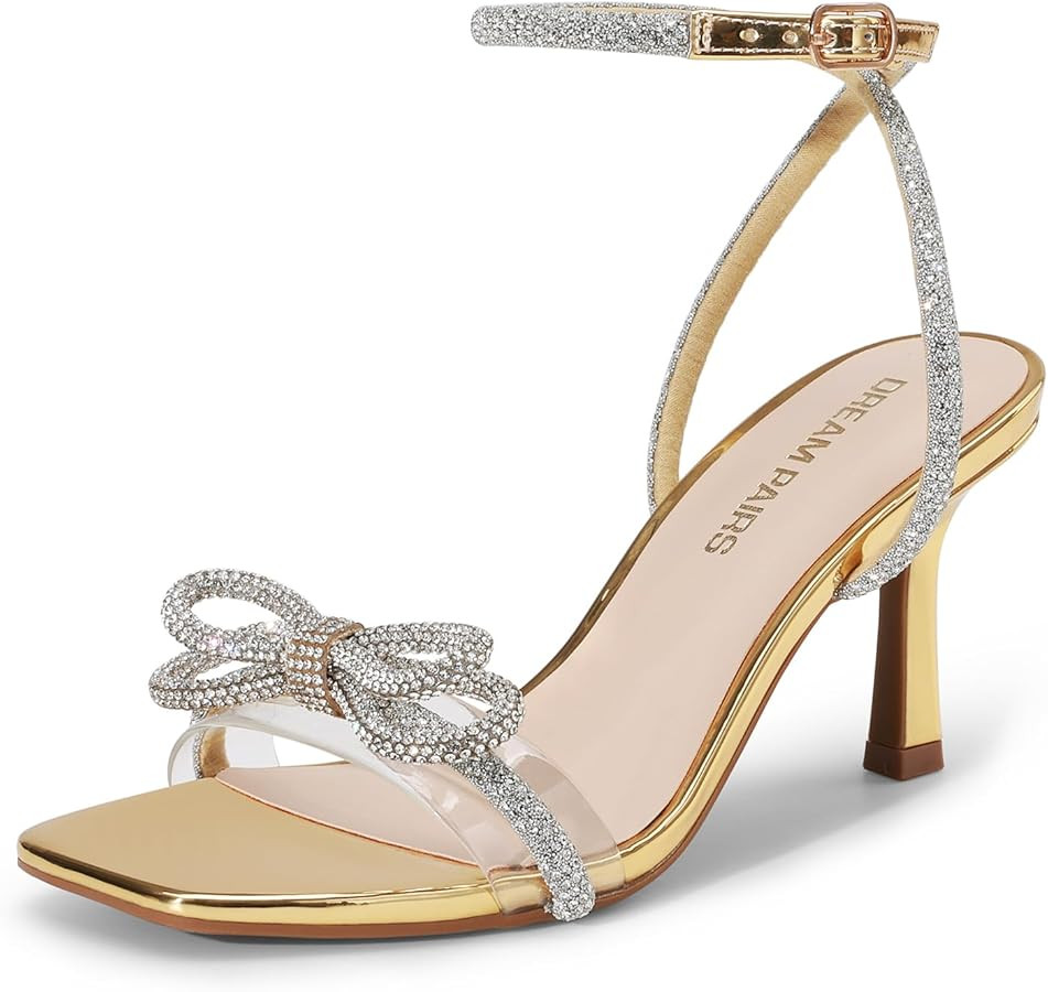 DREAM PAIRS Women's Double Bowknots Heels Open Square Toe Ankle Strap Crystal Rhinestone Dress Sa... | Amazon (US)