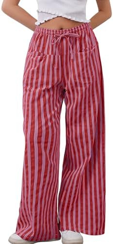 MISSACTIVER Women Drawstring Striped Pants Loose Wide Leg Trousers Casual Low Waist Pants Comfy L... | Amazon (US)