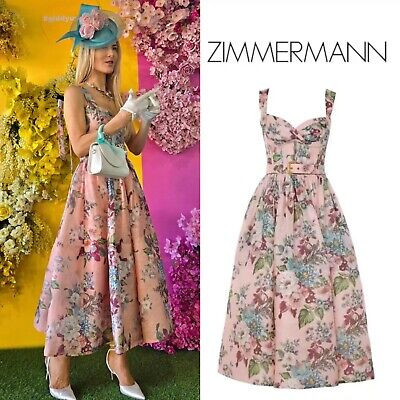 NWT $1,950 Zimmermann Matchmaker Pink Floral Silk Linen Tie Midi Dress AU2  | eBay | eBay US
