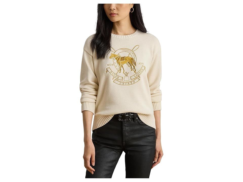 Lauren Ralph Lauren Embroidered Cotton Crew Neck Sweater Women's Sweater Mascarpone Cream : XL | Zappos