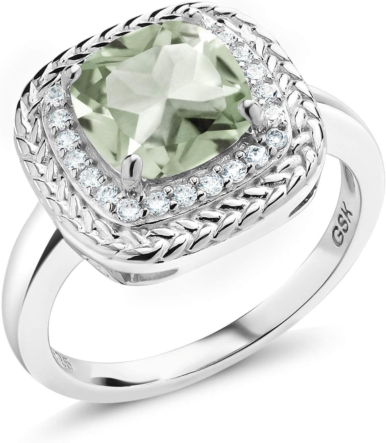 Gem Stone King 925 Sterling Silver Green Prasiolite Women Engagement Ring (2.05 Ct Cushion Cut Ge... | Amazon (US)