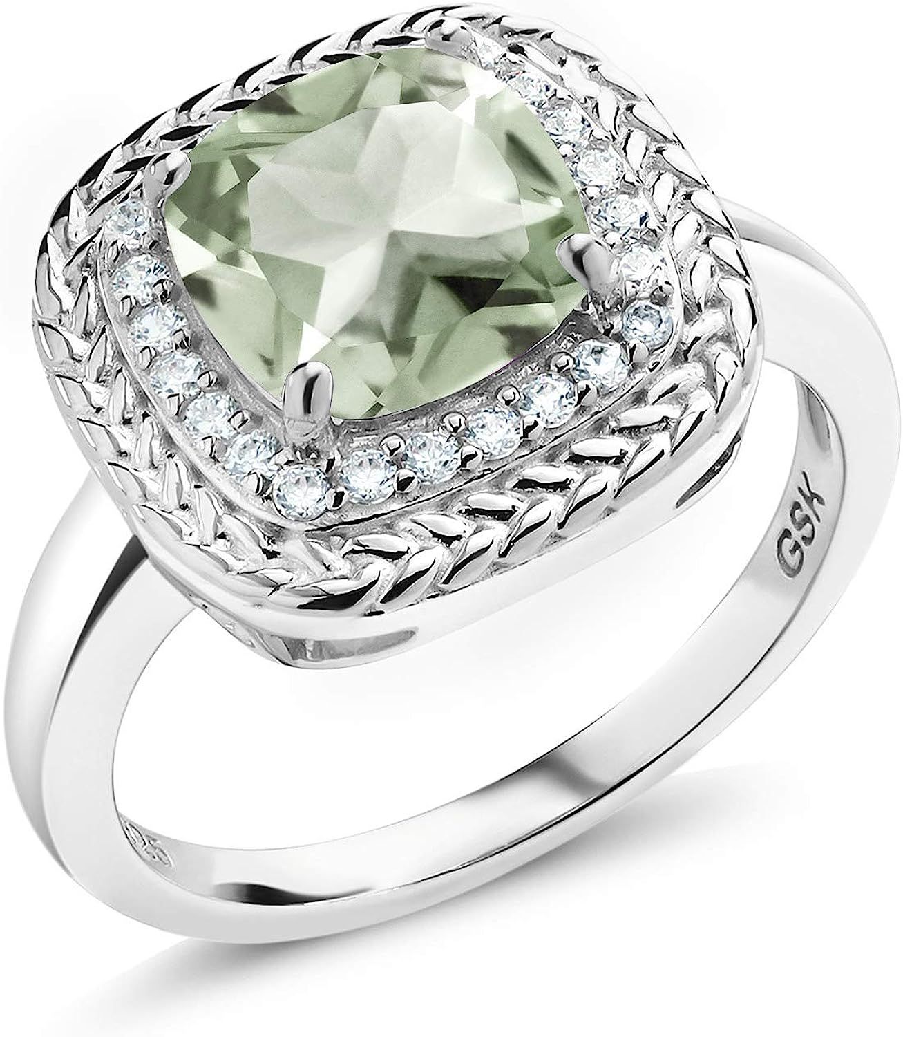 Gem Stone King 925 Sterling Silver Green Prasiolite Women Engagement Ring (2.05 Ct Cushion Cut Ge... | Amazon (US)