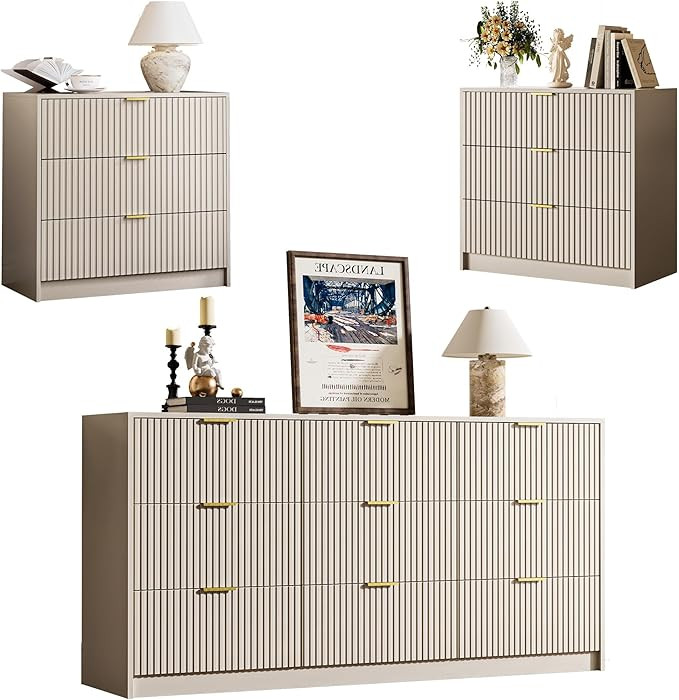 3-Piece Dresser Bedroom Set, 9 Drawer Dresser & 3 Drawer Nightstands with Gold Handles, Fluted Wo... | Amazon (US)