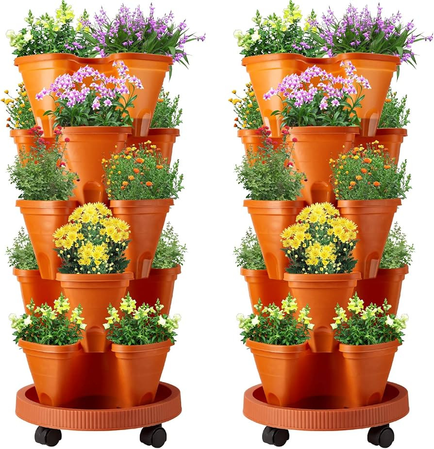 Umigy 2 Set 5 Tier Stackable Planter with Movable Casters and Bottom Saucer Vertical Gardening Pl... | Amazon (US)
