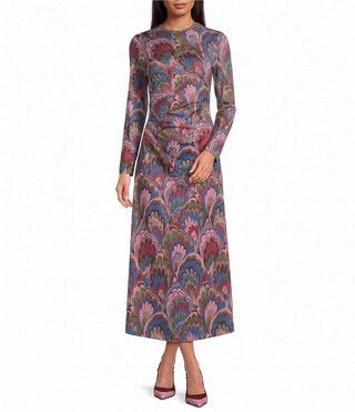 Mestiza New York Knit Jersey Swirling Multicolored Crew Neck Long Sleeve Side Ruched Midi Dress -  M | Dillard's