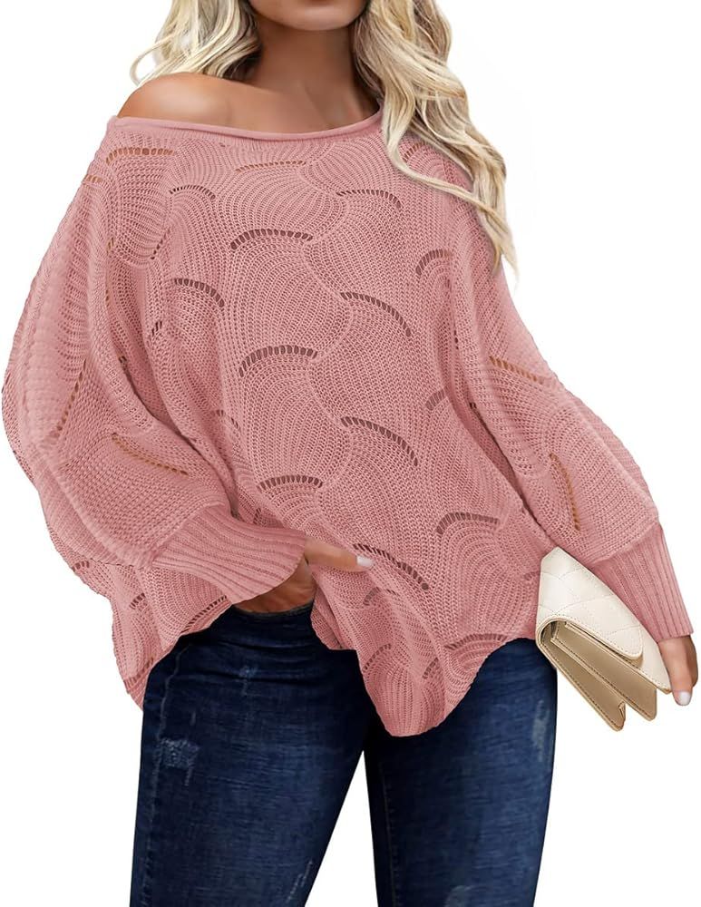 TIYOMI Plus Size Sweaters for Women Sexy Off Shoulder Pullover Crew Neck V Neck Hollow Out Long Slee | Amazon (US)