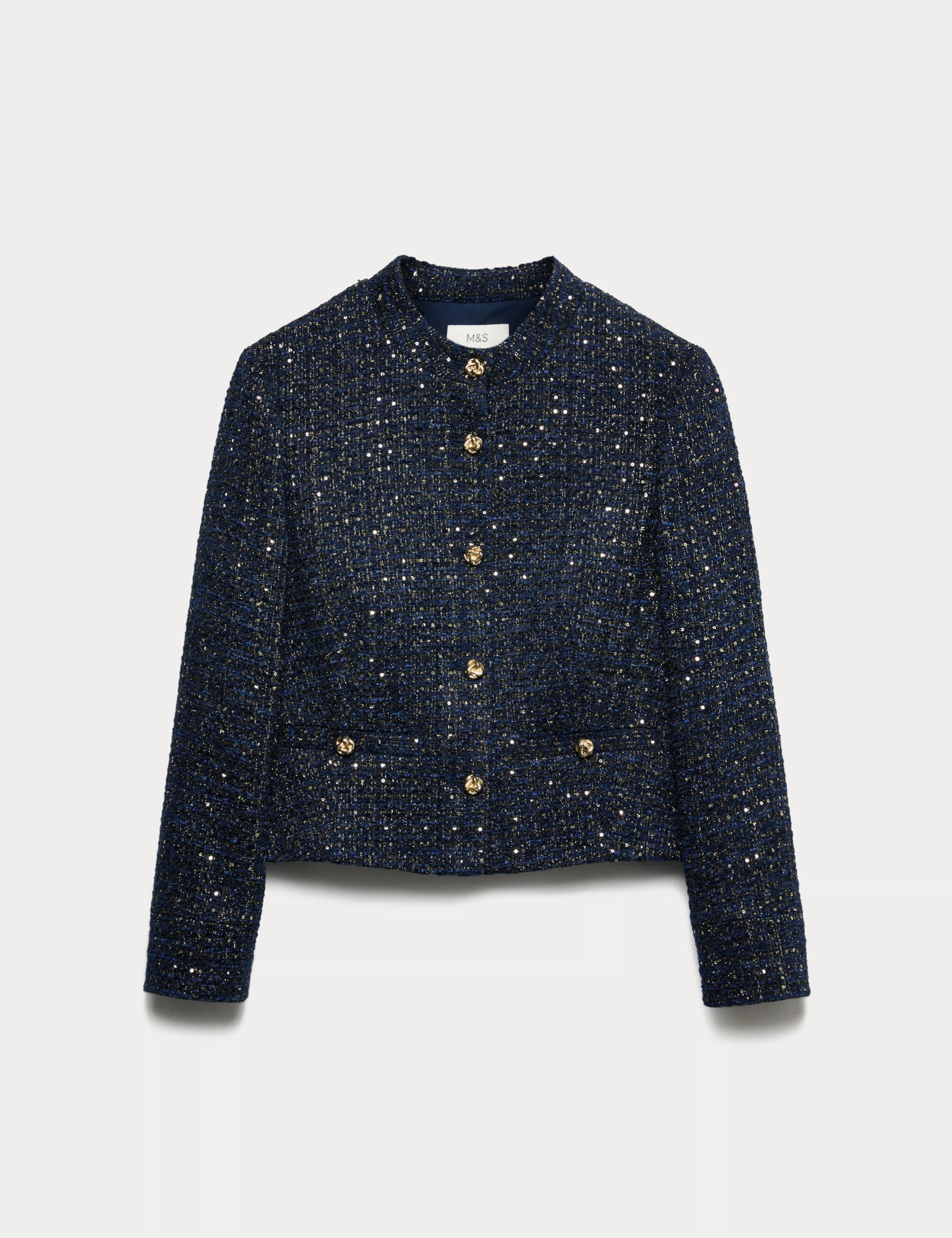 Tweed Sparkly Collarless Blazer with Wool | M&S | M&S | Marks & Spencer (UK)
