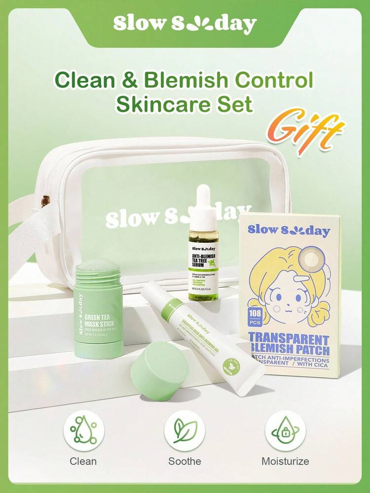Slow Sunday Clean And Blemish Control Skincare Set, Daily Skincare In Autumn And Winter, Deeply Cleaning, Soothing And Brightening, Effective Blemish Control. Each Skincare Set Comes With A Waterproof Storage Cosmetic Bag, Travel Essentials, Business Essentials, Home Essentials, Good Gift For Variety Holiday, Party, Travel, Outdoor Activity, Winter Skin Care Routine | SHEIN