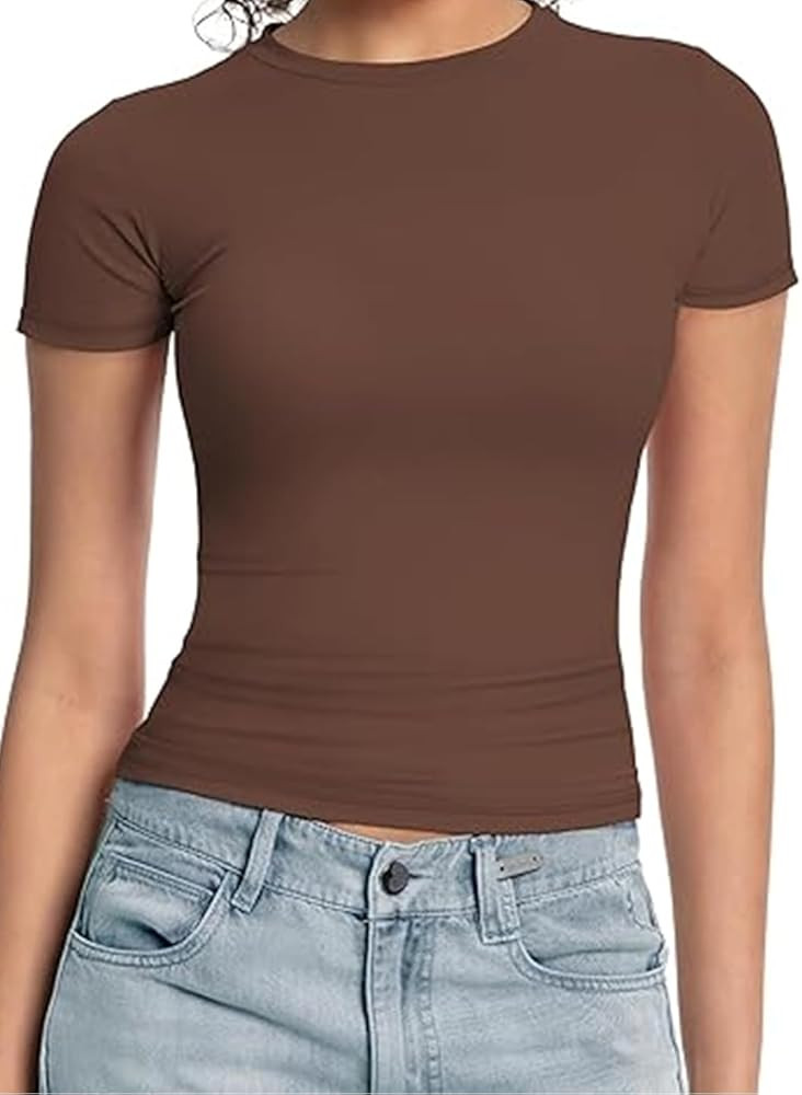 Women's Casual Crop Top,Slim Fit Short Sleeve T-Shirt | Crew Neck Tight Going Out Tee Brown at Am... | Amazon (US)