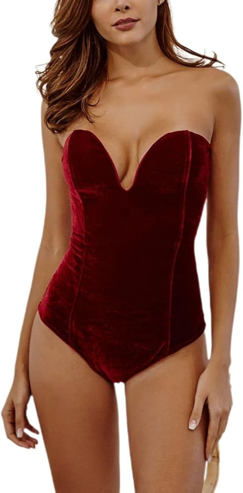 Women's Vintage Velvet Bodysuit Deep V Strapless Sexy Cross Back Bodycon Jumpsuit | Amazon (US)