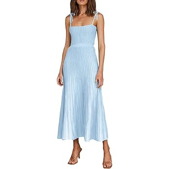 ARTFREE Womens Ribbed Knit Summer Maxi Dresses Tie Straps Square Neck Party Long Dress | Amazon (US)