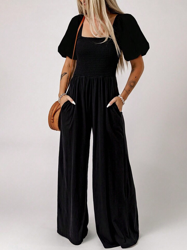 Women's Square Neck Wrap Front Short Puff Sleeve Jumpsuit | SHEIN