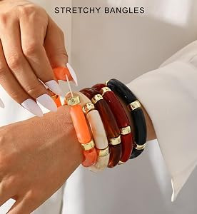 iF YOU 6pcs Chunky Acrylic Bangle Bracelets for Women, Resin Bamboo Brown Stretchy Bracelet Stack... | Amazon (US)