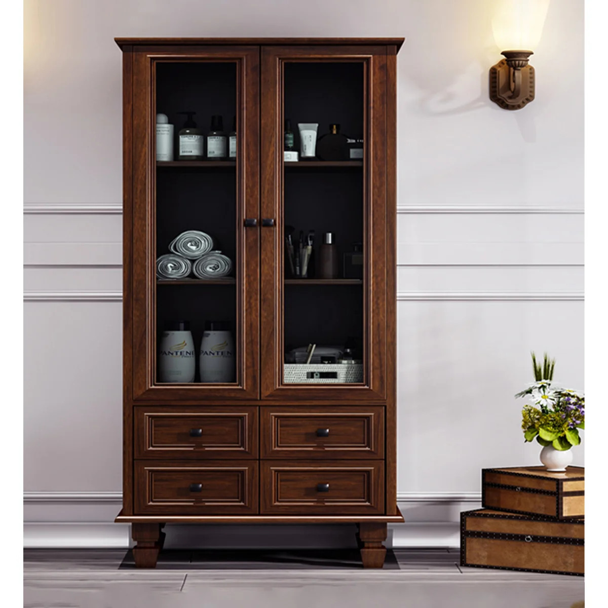 American Country Style Oak Bathroom Vanity with Glass Doors and Storage | Wayfair North America