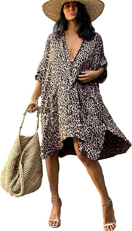 Caftan for Women Dress Leopard Print Button Down Kaftan Dresses Beach Bikini Resort Swimsuit Over... | Amazon (US)