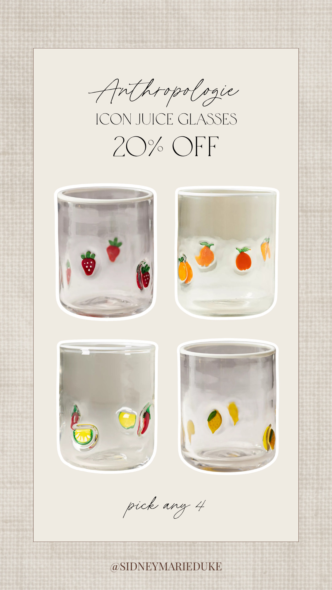 Anthro did a huge restock on their icon juice glasses!! + pick any 4 for 20% off🥰

Slowly building my collection!



Summer, home, kitchen, seasonal, fruit, summery, sunny, every day, drinking glasses, restock, new arrivals, anthro home, anthropologie, sidneymarieduke 

 #LTKSeasonal #LTKHome #LTKSaleAlert