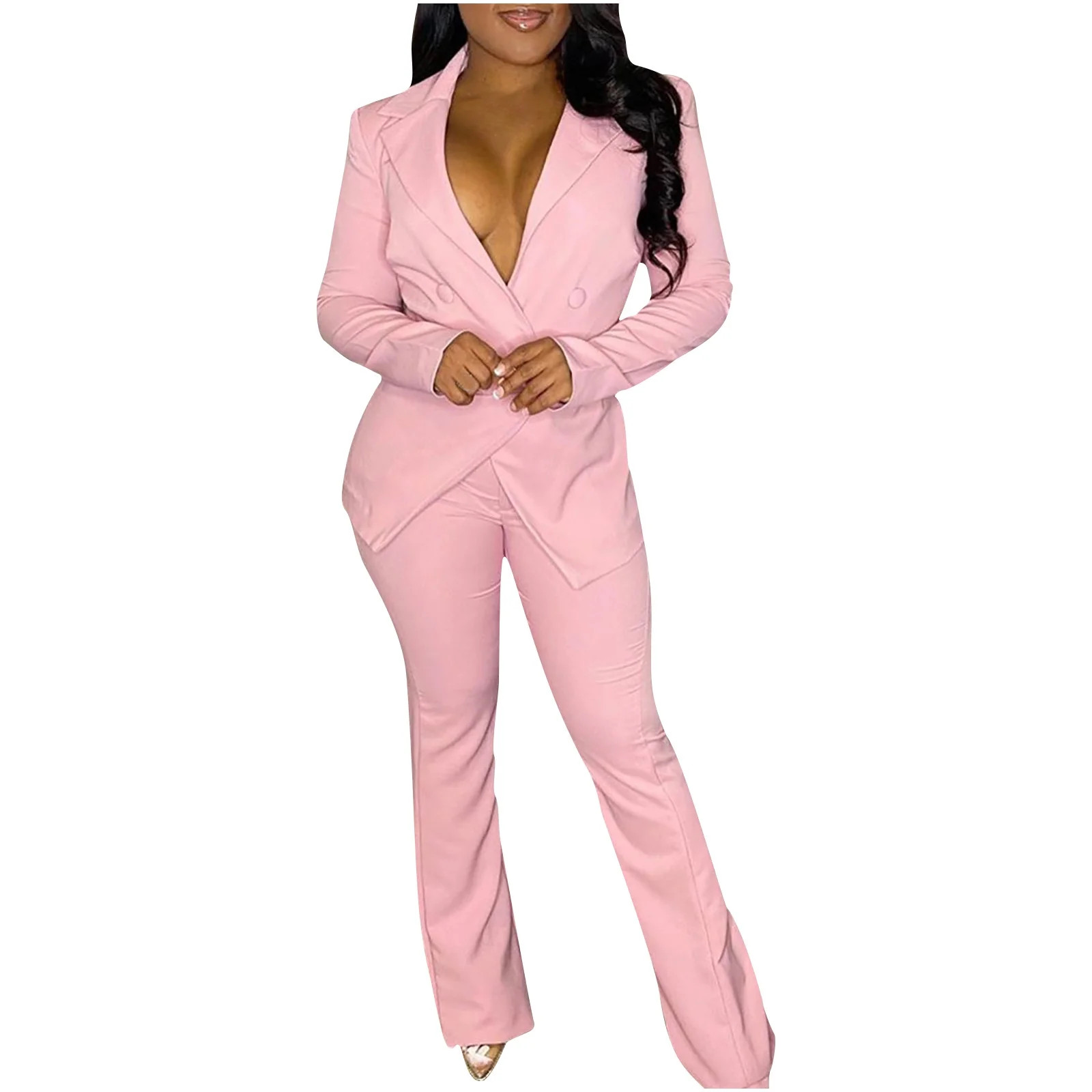 Womens 2 Piece Outfit Suit Casual Solid Open Front Blazer and Straight Leg Pencil Pant Suits Set ... | Walmart (US)