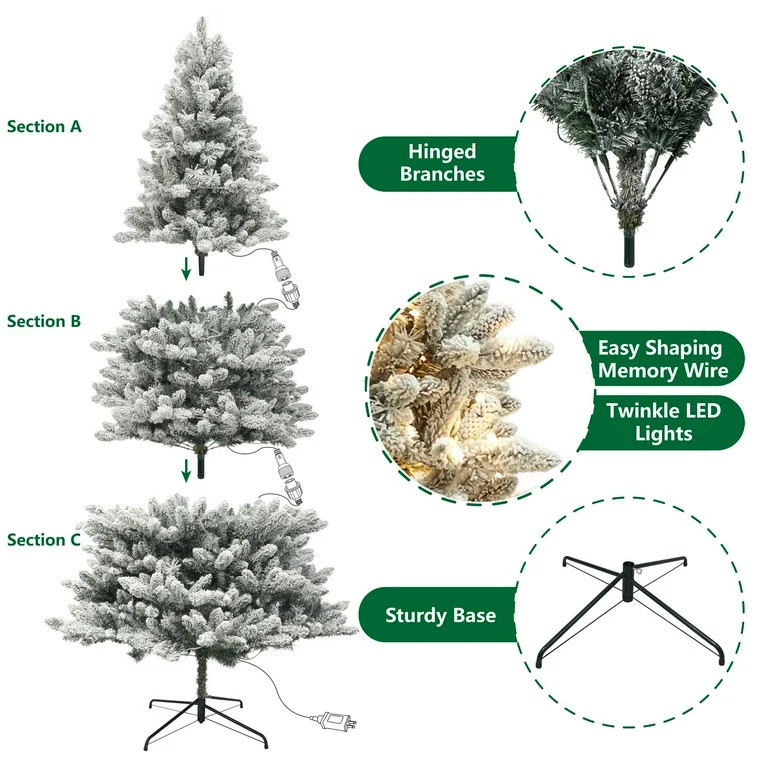 My Texas House 7.5ft Pre-Lit Flocked Birmingham Fir Artificial Christmas Tree,400 LED, Green | Walmart (US)