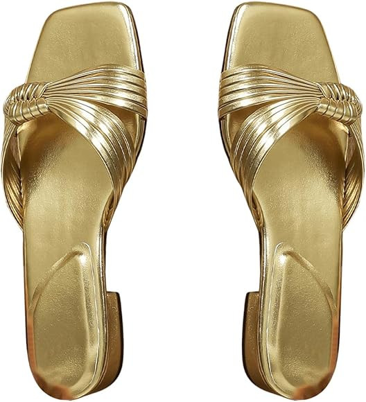 GORGLITTER Women's Textured Twist Knot Band Flat Sandals Square Open Toe Metallic Slide Shoes | Amazon (US)