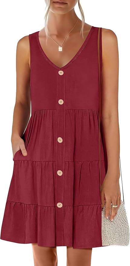 ANRABESS Womens Summer Beach Vacation Dresses V Neck Sleeveless Casual Button Down A Line Swing M... | Amazon (US)