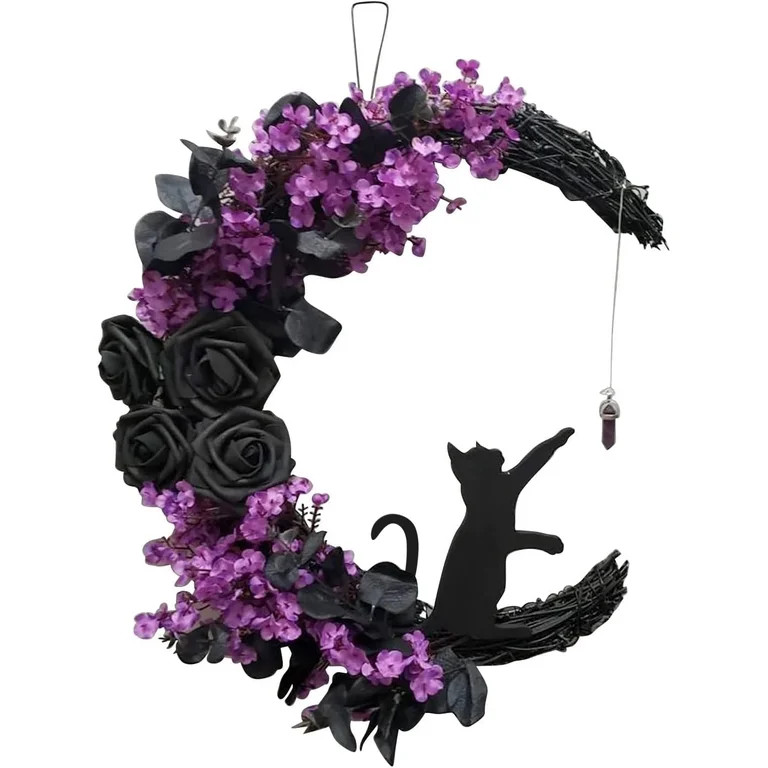 Myecovie Halloween Wreath for Front Door Halloween Moon Wreath with Mini Black Cat Grapevine Wrea... | Walmart (US)