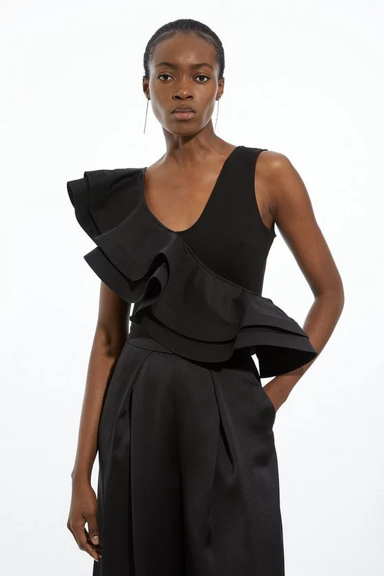 Ruffle Detail Ponte And Cotton Jersey Bodysuit | Karen Millen US