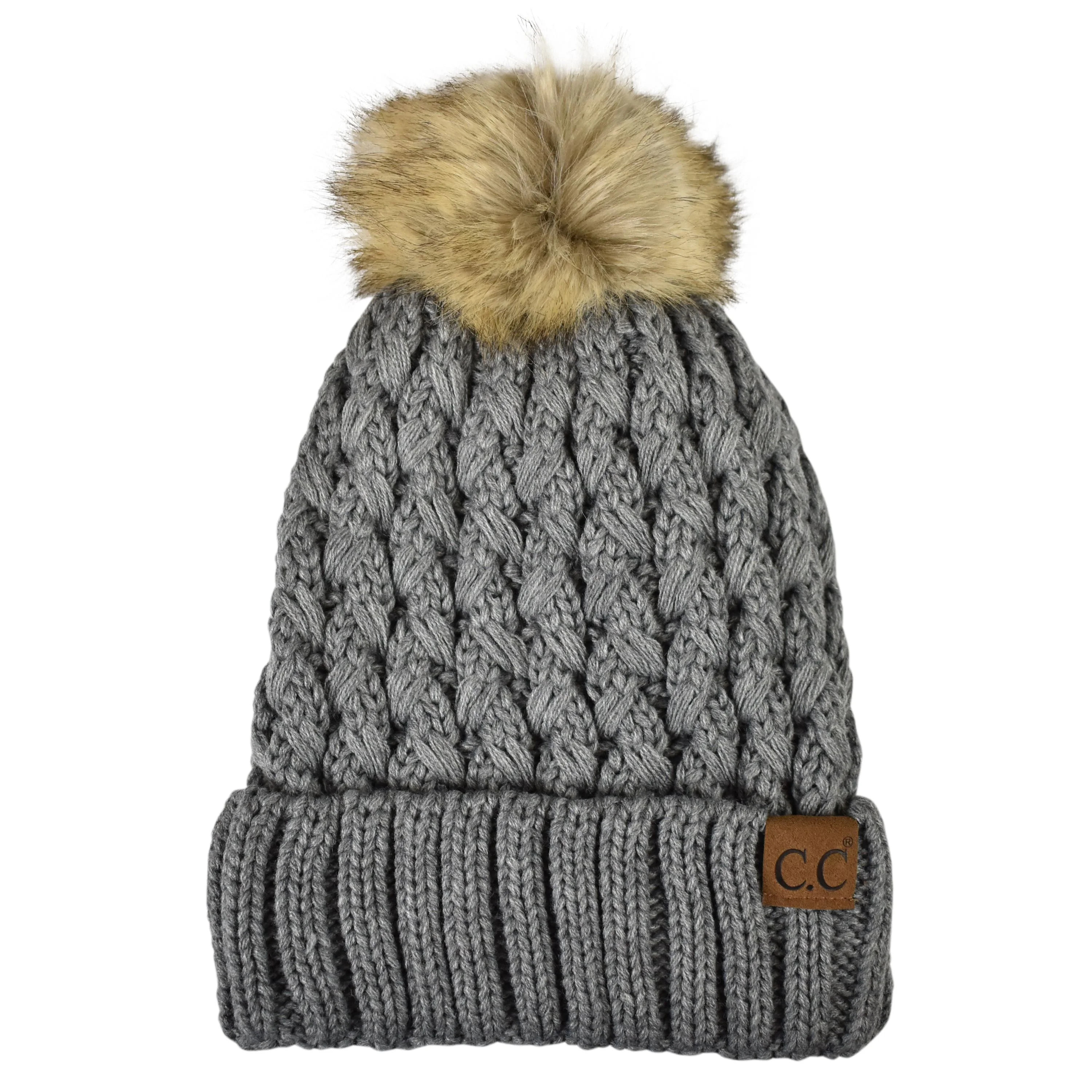 C.C Thick Cable Knit Faux Fuzzy Fur Pom Fleece Lined Skull Cap Cuff Beanie, Lattice Light Melange... | Walmart (US)