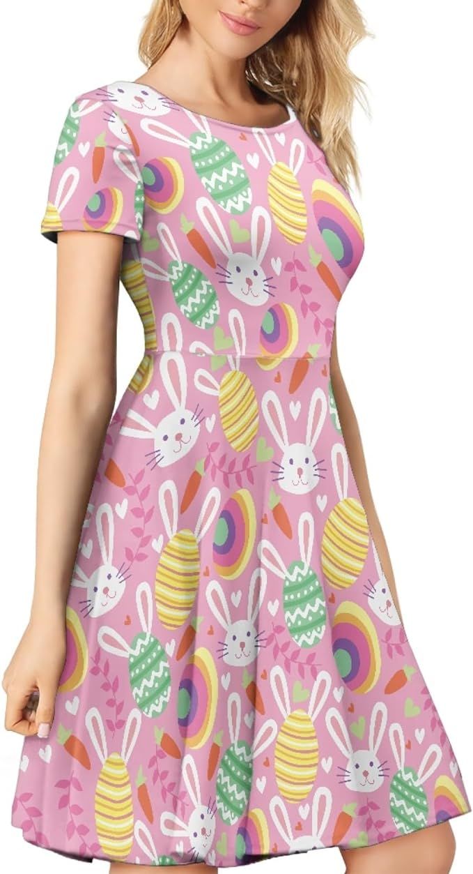 Womens Easter Outfit 2024 Plus Size Cute Bunny Eggs Printed Short Sleeve Midi Dress A Line Flowy ... | Amazon (US)