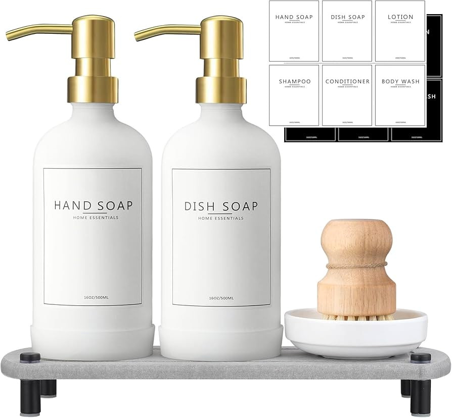 Kitchen Soap Dispenser Set with Instant Dry Tray,16 Oz Hand and Dish Soap White Glass Dispenser S... | Amazon (US)