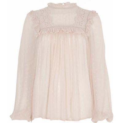 River Island Womens Light Pink dobby mesh embroidered top | River Island (UK & IE)
