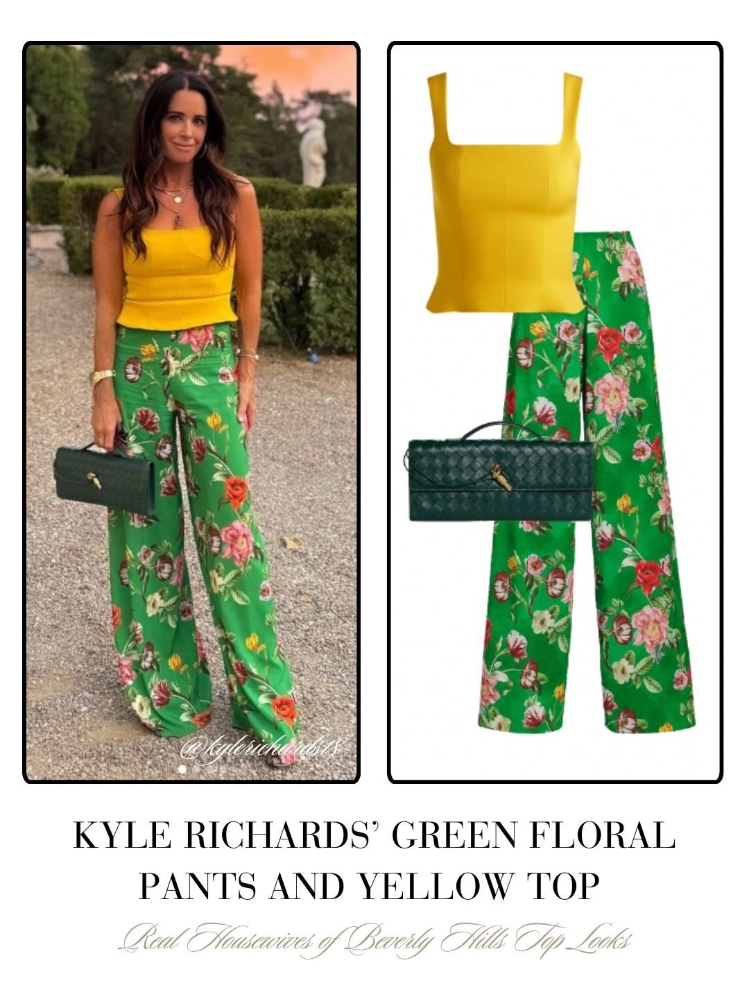 Kyle Richard’s’ Green Floral Pants and Yellow Top 📸 = @kylerichards18 