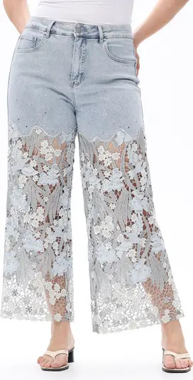 Crystal Embellished Lace Wide Leg Jeans | Nordstrom