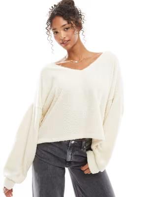 ASOS DESIGN fluffy boucle v neck jumper in cream | ASOS (Global)
