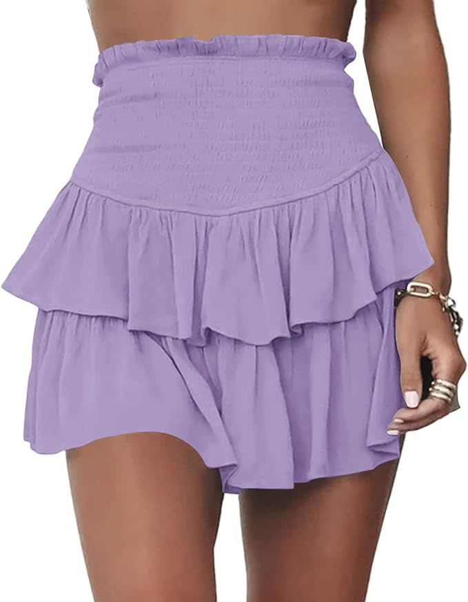 Meikulo Women Smocked Ruffle Mini Skirts Summer High Waisted Tiered Short Skirt with Shorts Under... | Amazon (US)