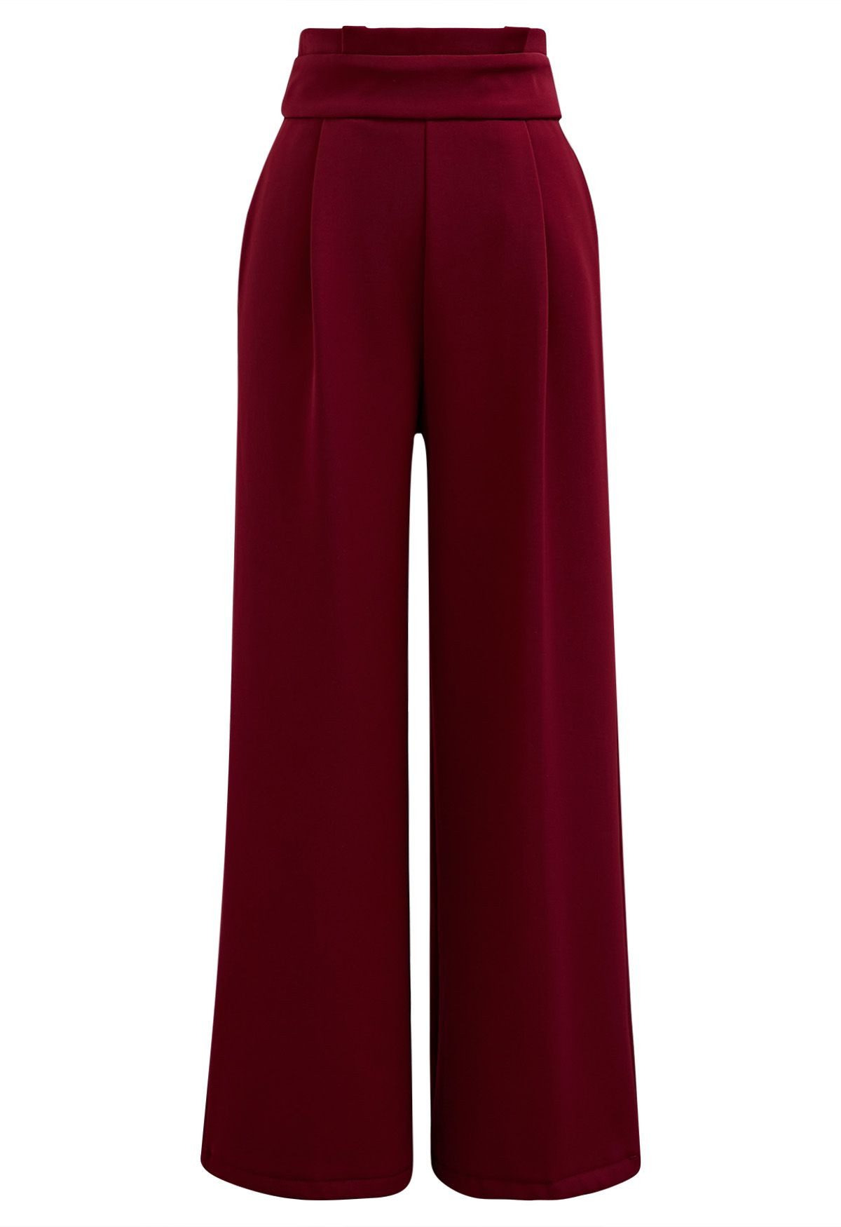 Pleated Waist Chunky Straight-Leg Pants in Burgundy | Chicwish