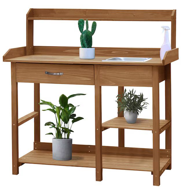 VEIKOUS Wooden Potting Bench Tables 42.1-in x 47.9-in x 15.3-in Natural Potting Bench | Lowe's