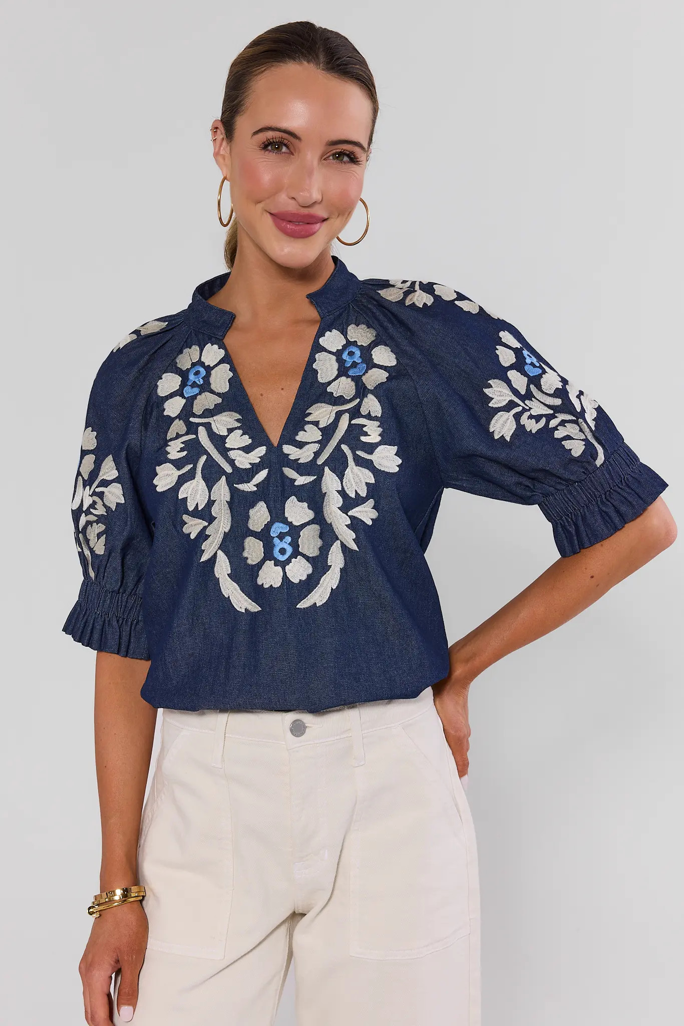 Navy Floral Embroidered Top by THML | Avara