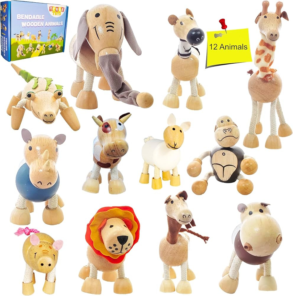 TEKOR Bendable Wooden Animal Toys, Set of 12 | Fun & Posable Farm & Jungle & Safari Animals for T... | Amazon (US)
