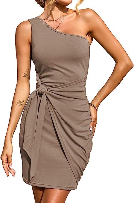 BTFBM Women Casual Sleeveless Summer One Shoulder Dress Solid Color Bodycon Ruched Tie Waist Soli... | Amazon (US)